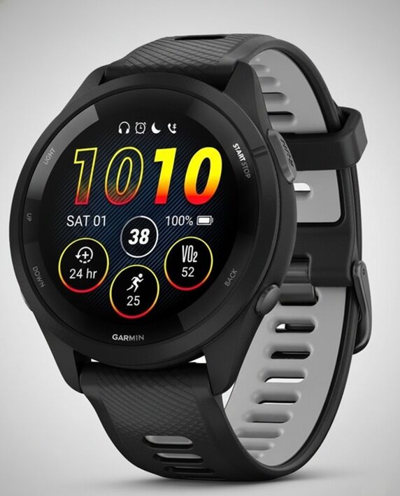 Garmin Forerunner 265 Running Smartwatch displaying running timer at 1:08:20, distance 7.65 miles, pace 8:55 per mile, and heart rate 140 bpm with color-coded zone indicator
