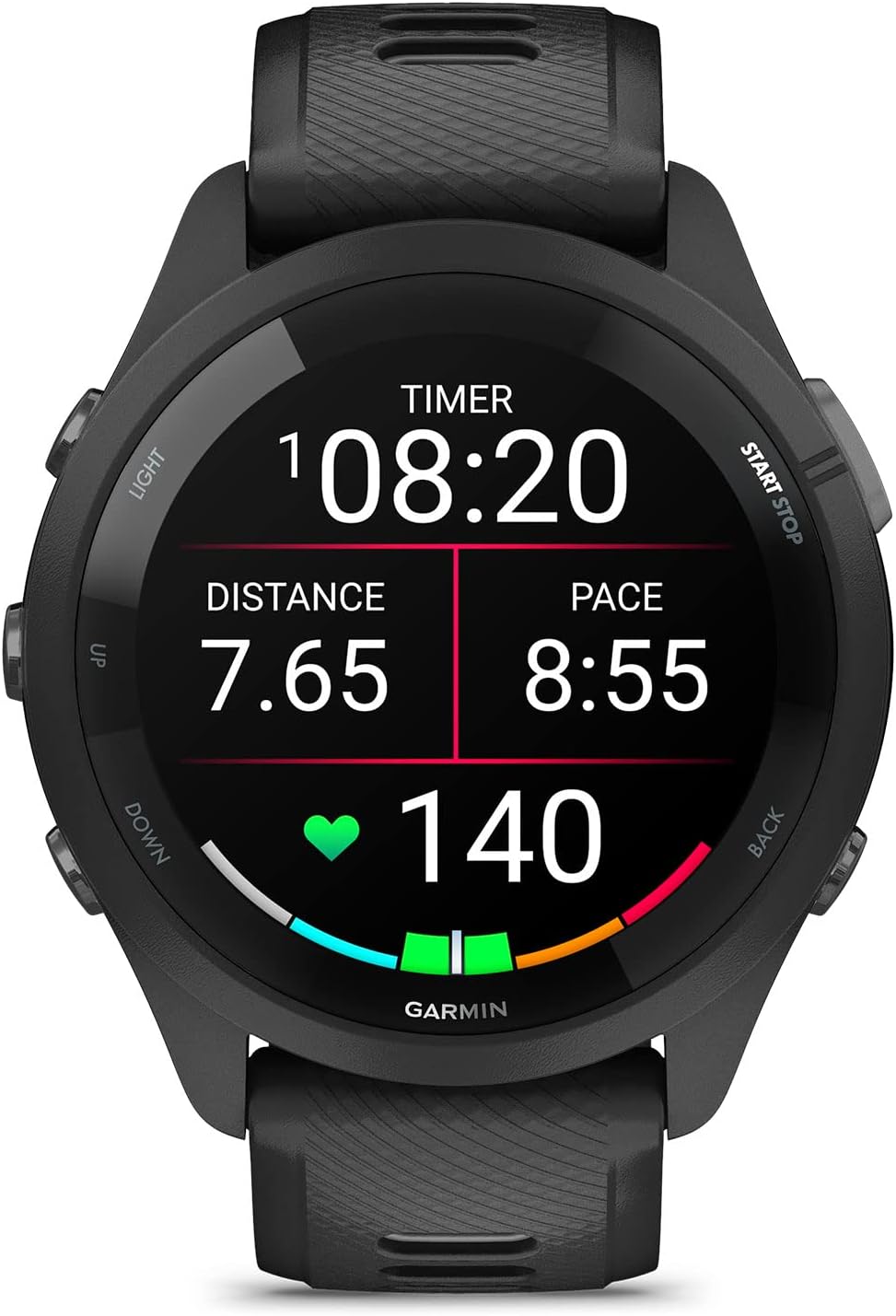 Garmin Forerunner 265 Running Smartwatch displaying running timer at 1:08:20, distance 7.65 miles, pace 8:55 per mile, and heart rate 140 bpm with color-coded zone indicator