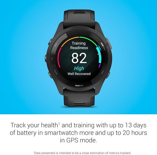 Garmin Forerunner 265 Running Smartwatch displaying Training Readiness score of 82 High Well Recovered, with promotional text on battery life up to 13 days in smartwatch mode and 20 hours in GPS mode