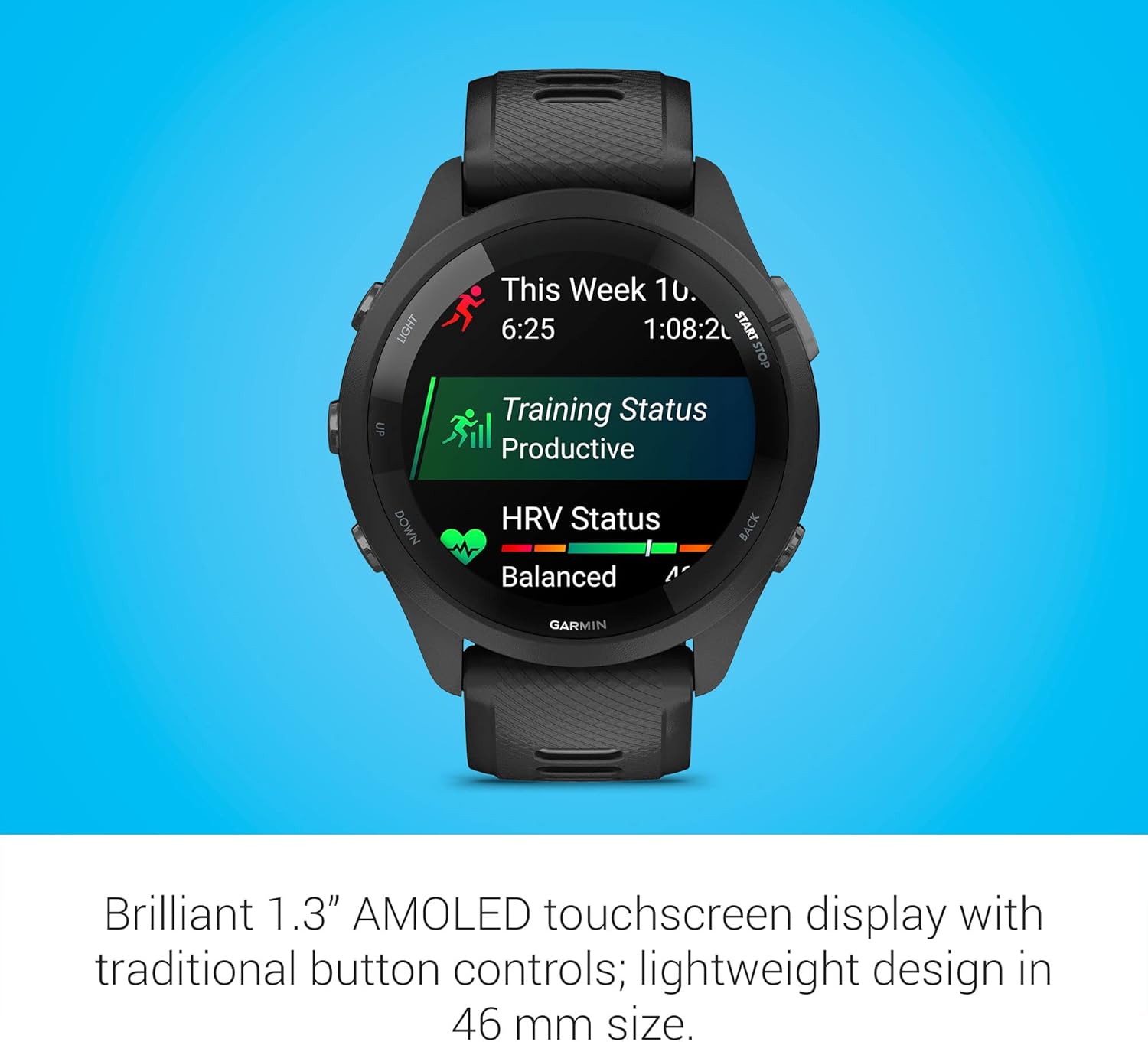 Garmin Forerunner 265 Running Smartwatch displaying weekly training load of 10.625, time 1:08:20, Training Status as Productive, HRV Status as Balanced, with promotional text on brilliant 1.3 inch AMOLED touchscreen display, traditional button controls, and lightweight 46mm design